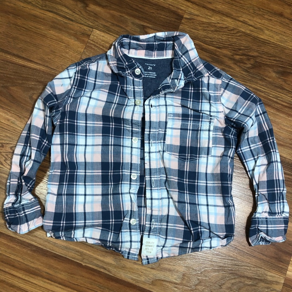 Carter’s boys 2T pink and blue plaid button down